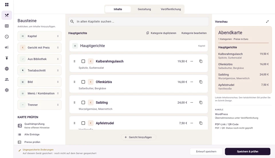 Foodvuro-Karteneditor mit der Abendkarte: Hauptgerichte mit Preisen, Bausteine links, Vorschau rechts.