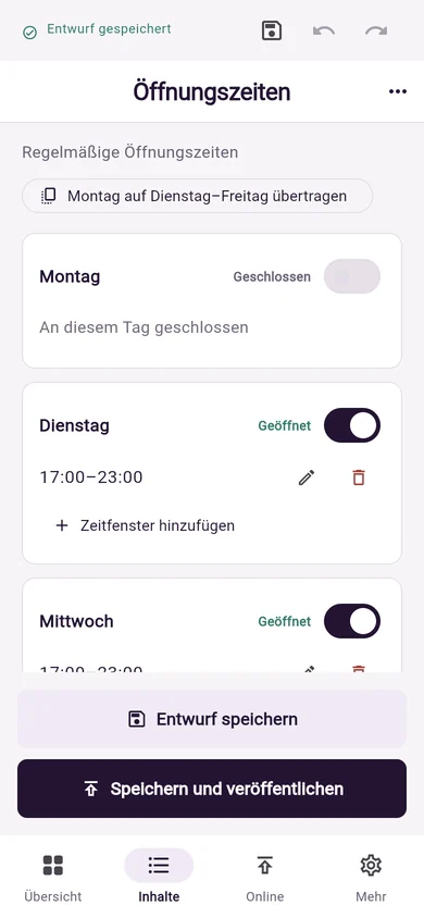 Echte mobile Foodvuro-Ansicht zum Bearbeiten der Öffnungszeiten mit Entwurf speichern und Speichern und veröffentlichen.